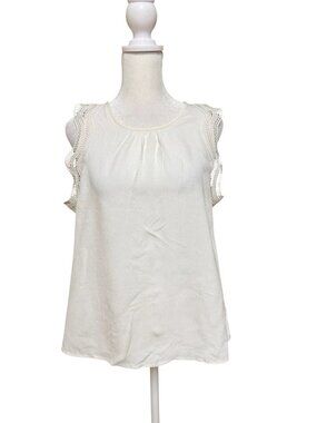 Ann Taylor Petite White Blouse Lace Trim Sleeveless Rayon Top Size SP